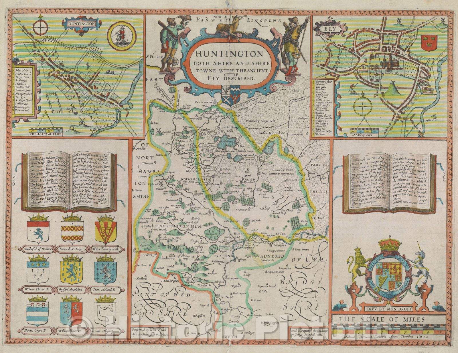 Historic Map : Huntington both Shire and Shire Towne with the Ancient Citie Ely described., 1611 , Vintage Wall Art