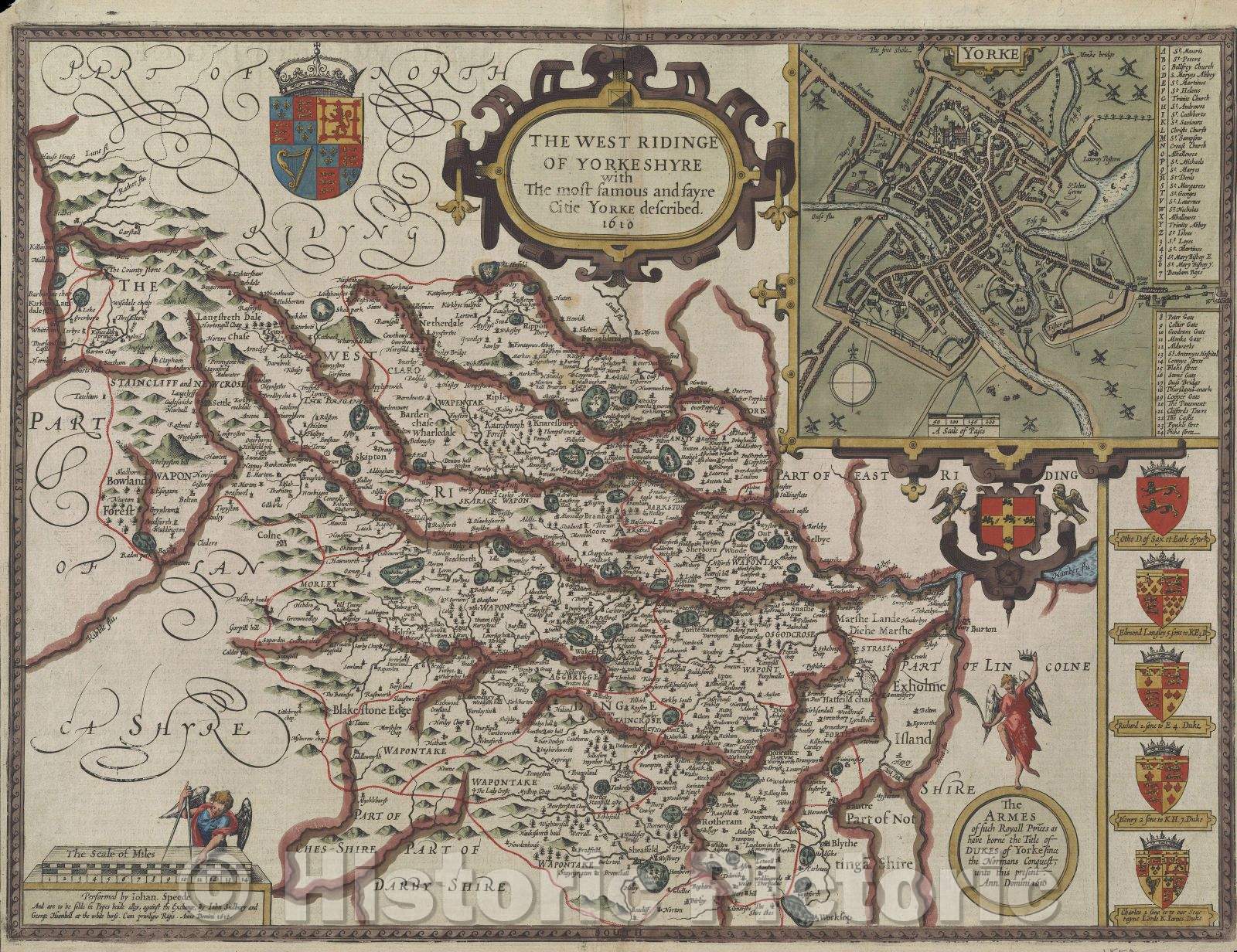 Historic Map : The West Ridinge of Yorkshyre with The most famous and fayre, Citie Yorke described. 1610, 1611 , Vintage Wall Art
