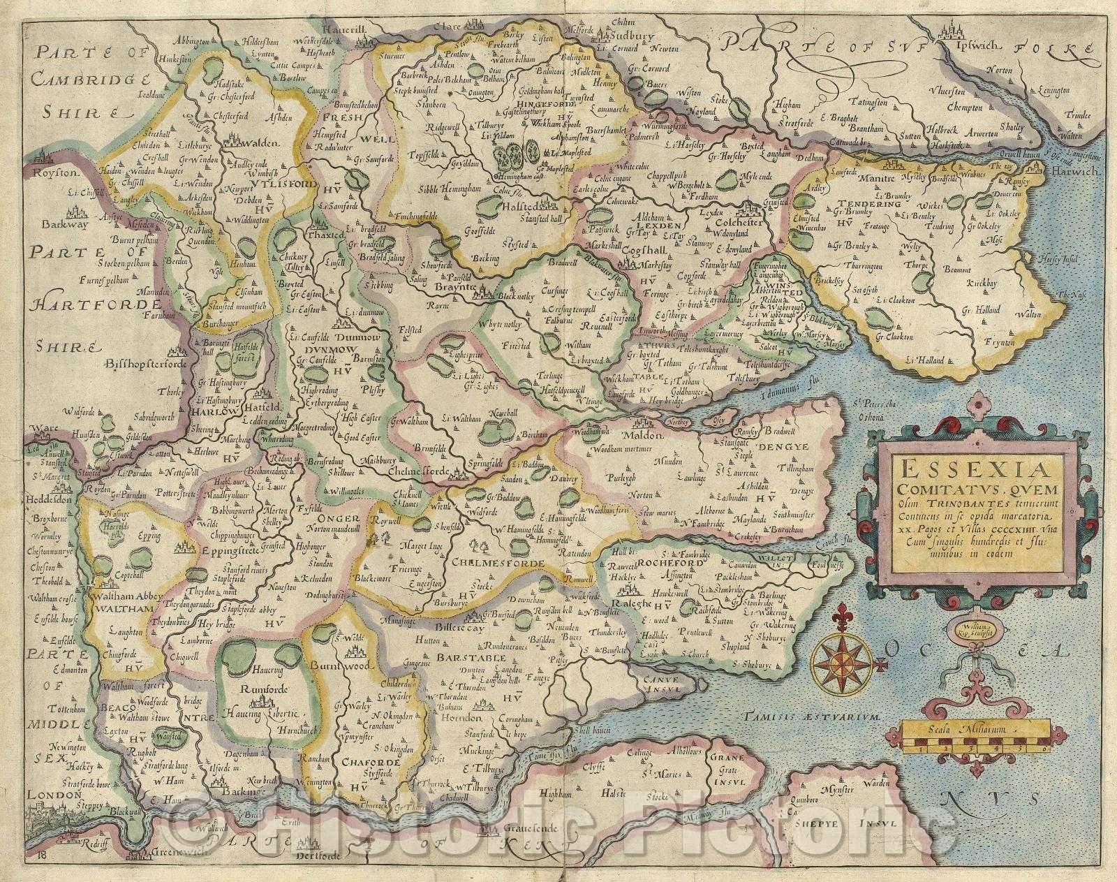 Historic Map : Essexia Comitatus Quem Olim Trinobantes tennerunt contiens in se opida marcatoria xx Pagos et Villas ccccxiiii una Cum Singulis, 1637 , Vintage Wall Art