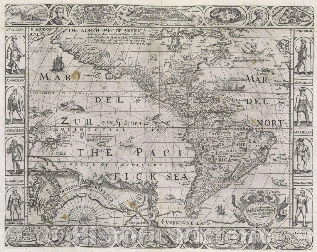 Historic Map : A new, plaine, and exact map of America : described by N.I. Vischer, and don into English, enlarged and corrected according to I: Blaeu with the habit, 1660 , Vintage Wall Art