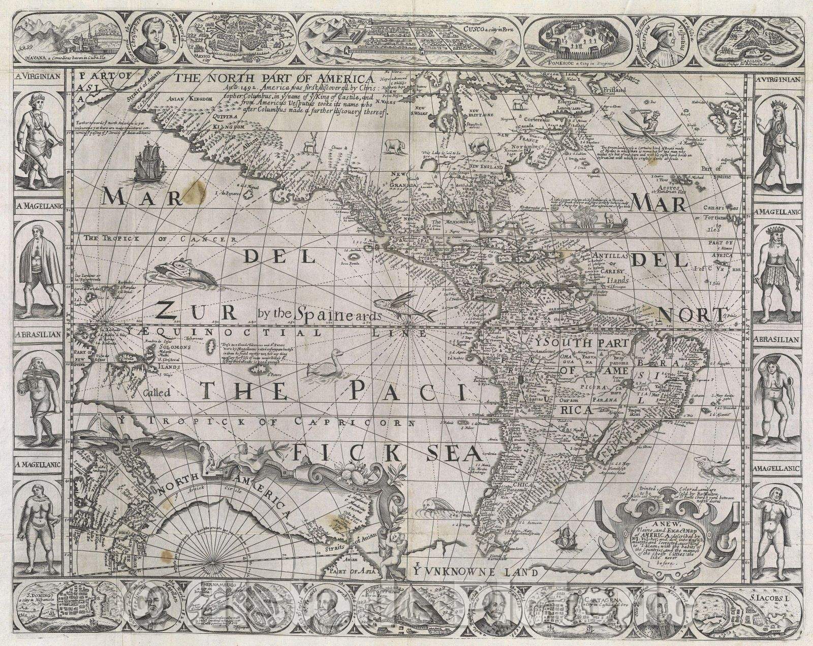 Historic Map : A new, plaine, and exact map of America : described by N.I. Vischer, and don into English, enlarged and corrected according to I: Blaeu with the habit, 1660 , Vintage Wall Art