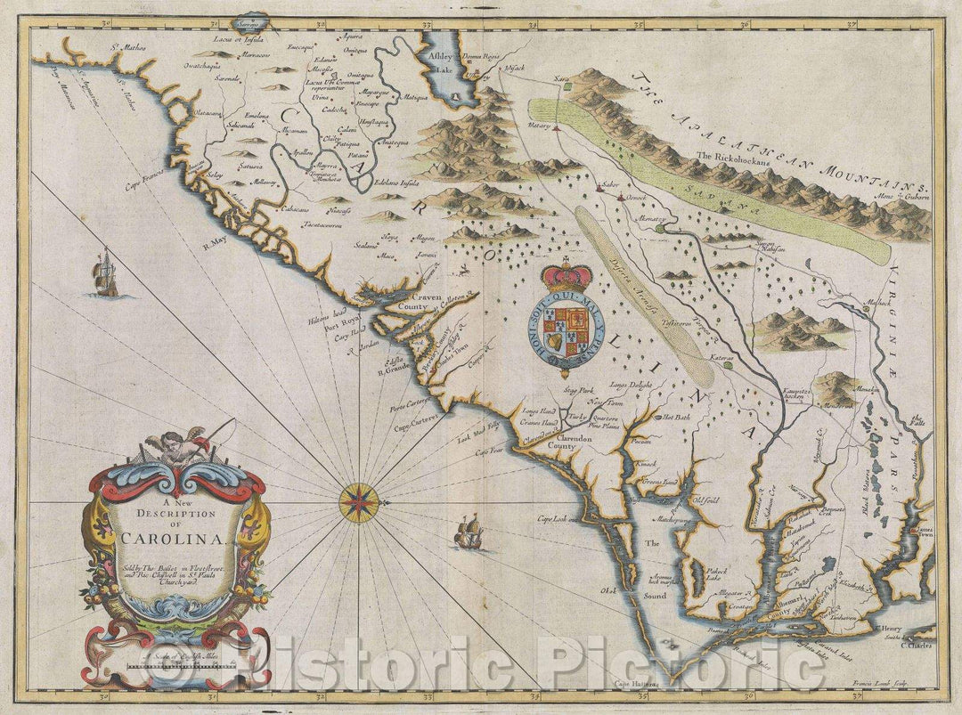 Historic Map : A New Description of Carolina, 1676 , Vintage Wall Art