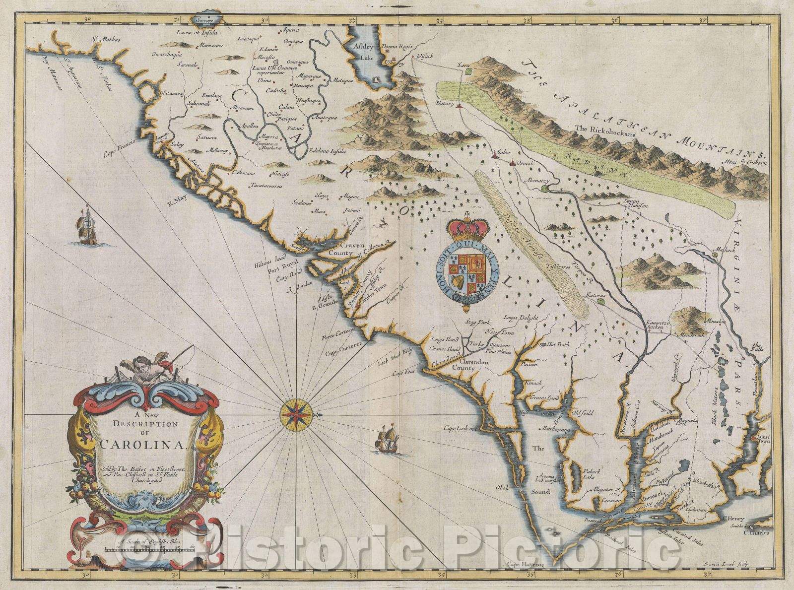 Historic Map : A New Description of Carolina, 1676 , Vintage Wall Art