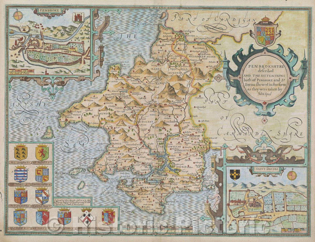 Historic Map : Penbrokshyre described and the situations both of Penbroke and St. Davids shewed in due form as they were taken by John Speed, 1676 , Vintage Wall Art