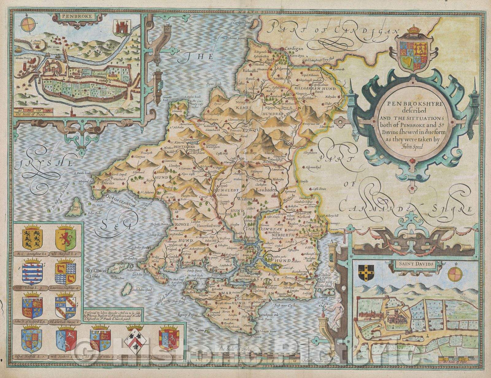 Historic Map : Penbrokshyre described and the situations both of Penbroke and St. Davids shewed in due form as they were taken by John Speed, 1676 , Vintage Wall Art