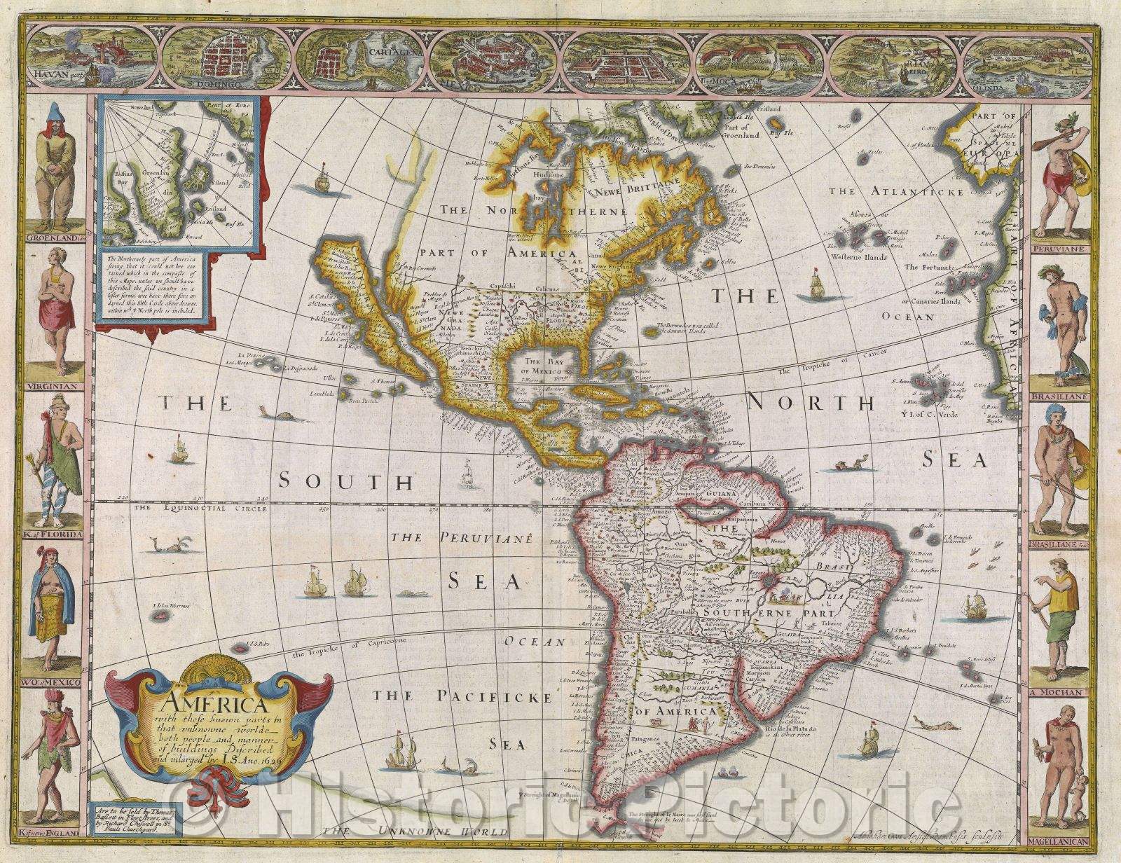 Historic Map : America with those known parts in that unknowne worlde both people and manner of buildings Discribed and inlarged by I.S. Ano 1626., c. 1676 , Vintage Wall Art