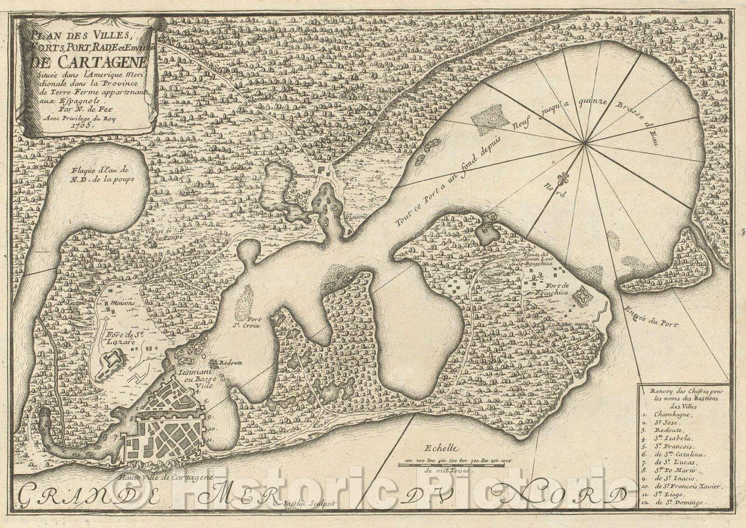 Historic Map : Plan des Villes, Forts, Port, Rade et Environs de Cartagene, 1705 , Vintage Wall Art