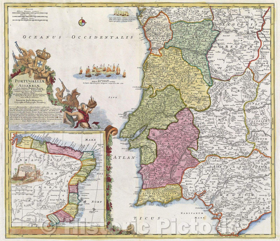 Historic Map : Portugalliae et Algarbiae cum finitumus Hispaniae regnis: Castillae legionis Andalusiae, Extrematurae, Galliciae and Granatae Novissima Tabula, 1710 , Vintage Wall Art