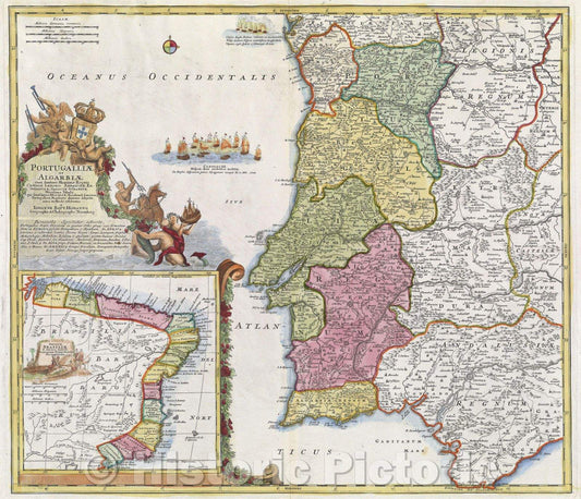 Historic Map : Portugalliae et Algarbiae cum finitumus Hispaniae regnis: Castillae legionis Andalusiae, Extrematurae, Galliciae and Granatae Novissima Tabula, 1710 , Vintage Wall Art