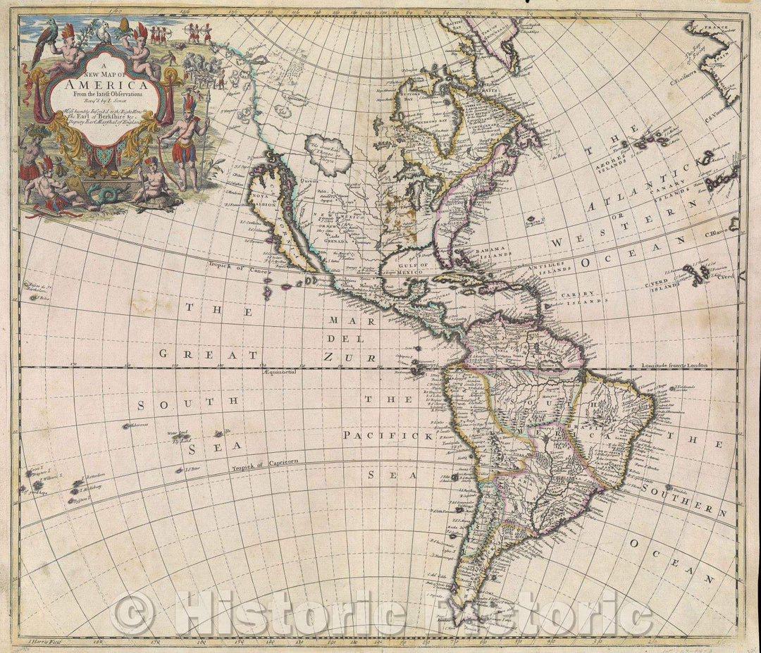 Historic Map : A New Map of America from the latest Observations Revis'd by I. Senex  Most humbly Inscrib'd to the Right Honorable The Earl of Berkshire, c. 1721 , Vintage Wall Art