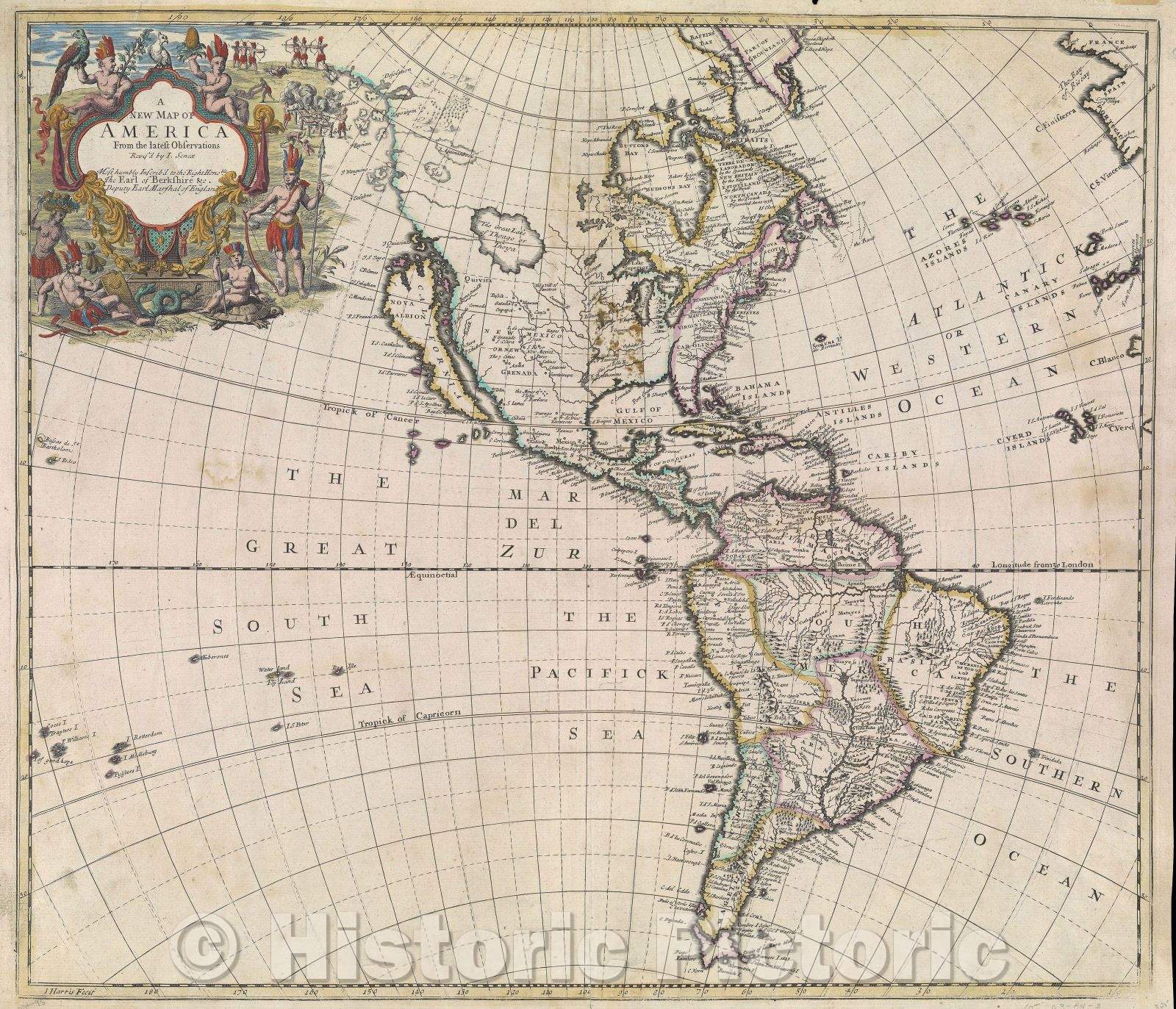 Historic Map : A New Map of America from the latest Observations Revis'd by I. Senex  Most humbly Inscrib'd to the Right Honorable The Earl of Berkshire, c. 1721 , Vintage Wall Art