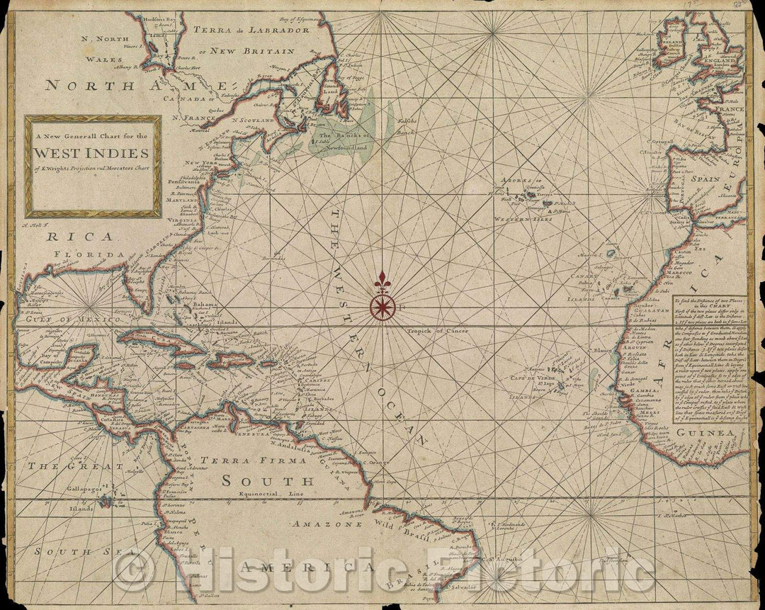 Historic Map : A new Generall Chart for the West Indies of E. Wright's projection vul. Mercators Chart, c. 1719 , Vintage Wall Art