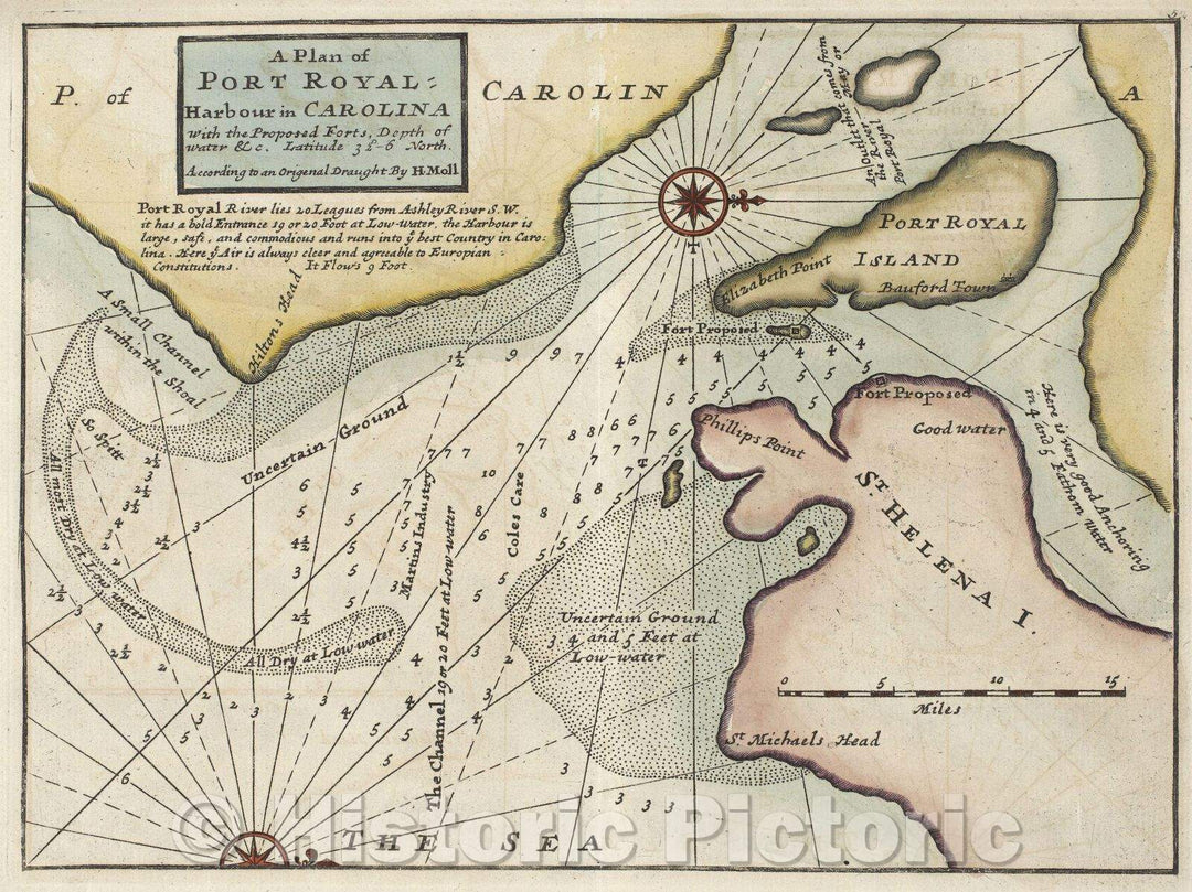 Historic Map : A Plan of Port Royal Harbour in Carolina with the Proposed Forts, Depth of Water and c. According to an Original Draught by H. Moll, 1729 , Vintage Wall Art