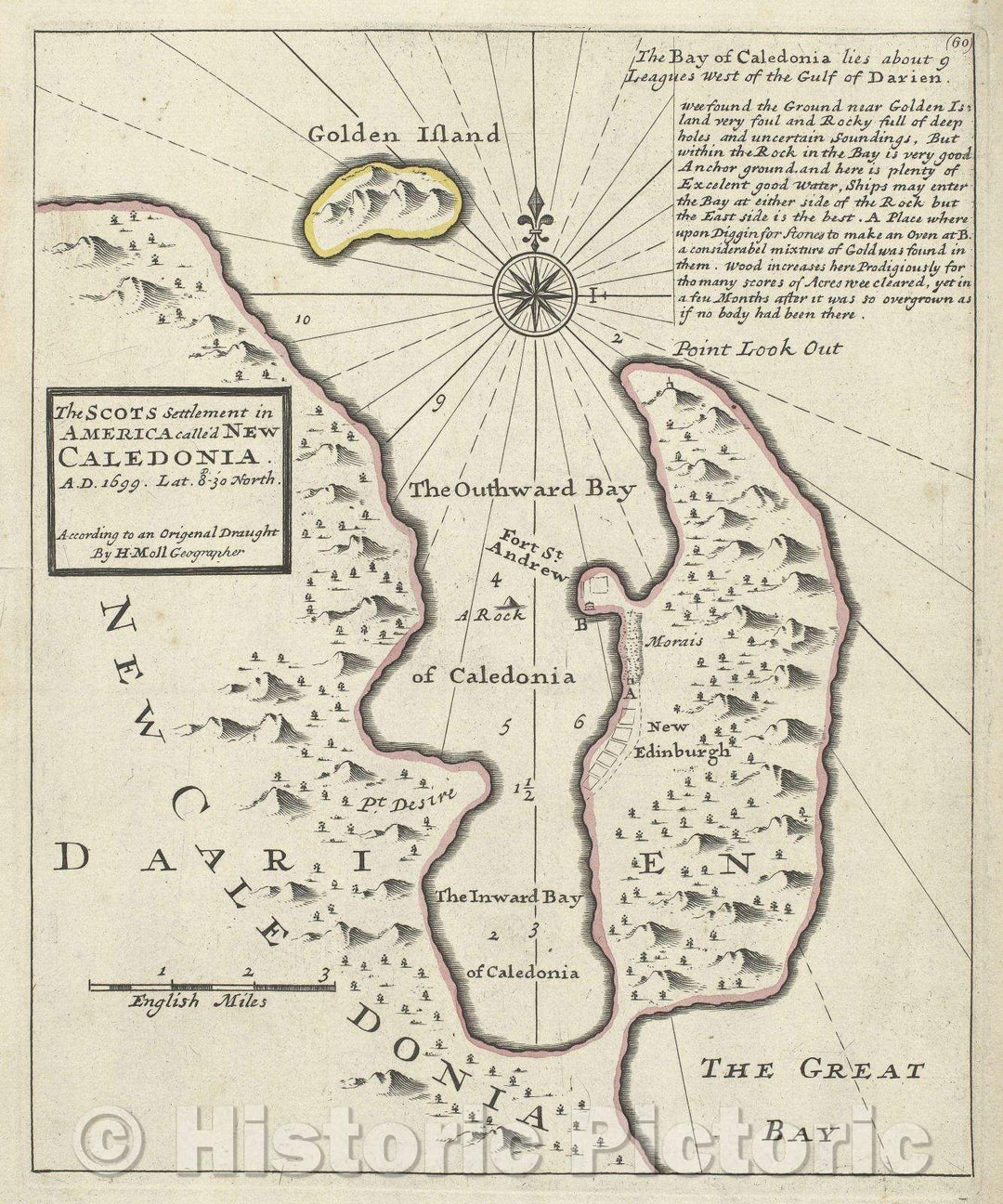 Historic Map : The Scots Settlement in America called New Caledonia, A.D. 1699 ... according to an Origenal Draught by H. Moll Geographer, c. 1729 , Vintage Wall Art