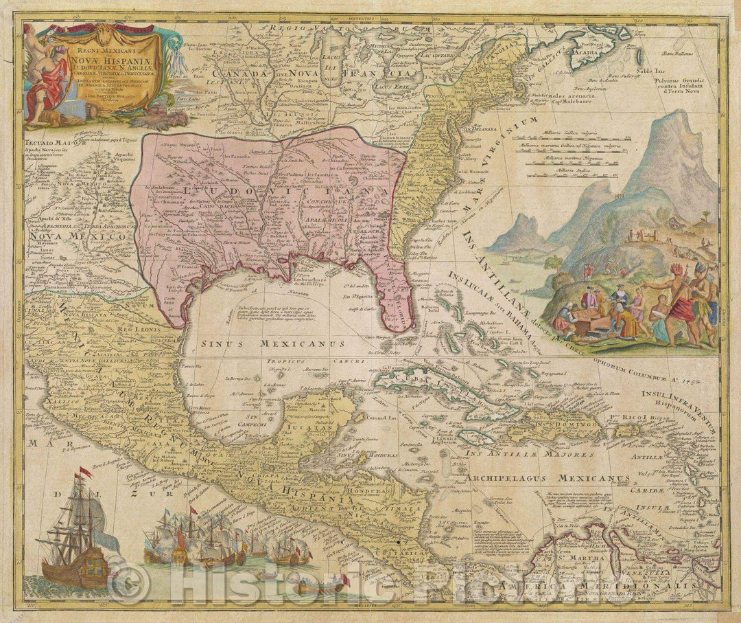 Historic Map : Regni Mexicani seu Novae Hispaniae Ludovicianae N. Angliae, Carolinae, Virgini'ae et Pensylvaniae nec non Insularum Archipelagi Mexicani in America, 1730 , Vintage Wall Art