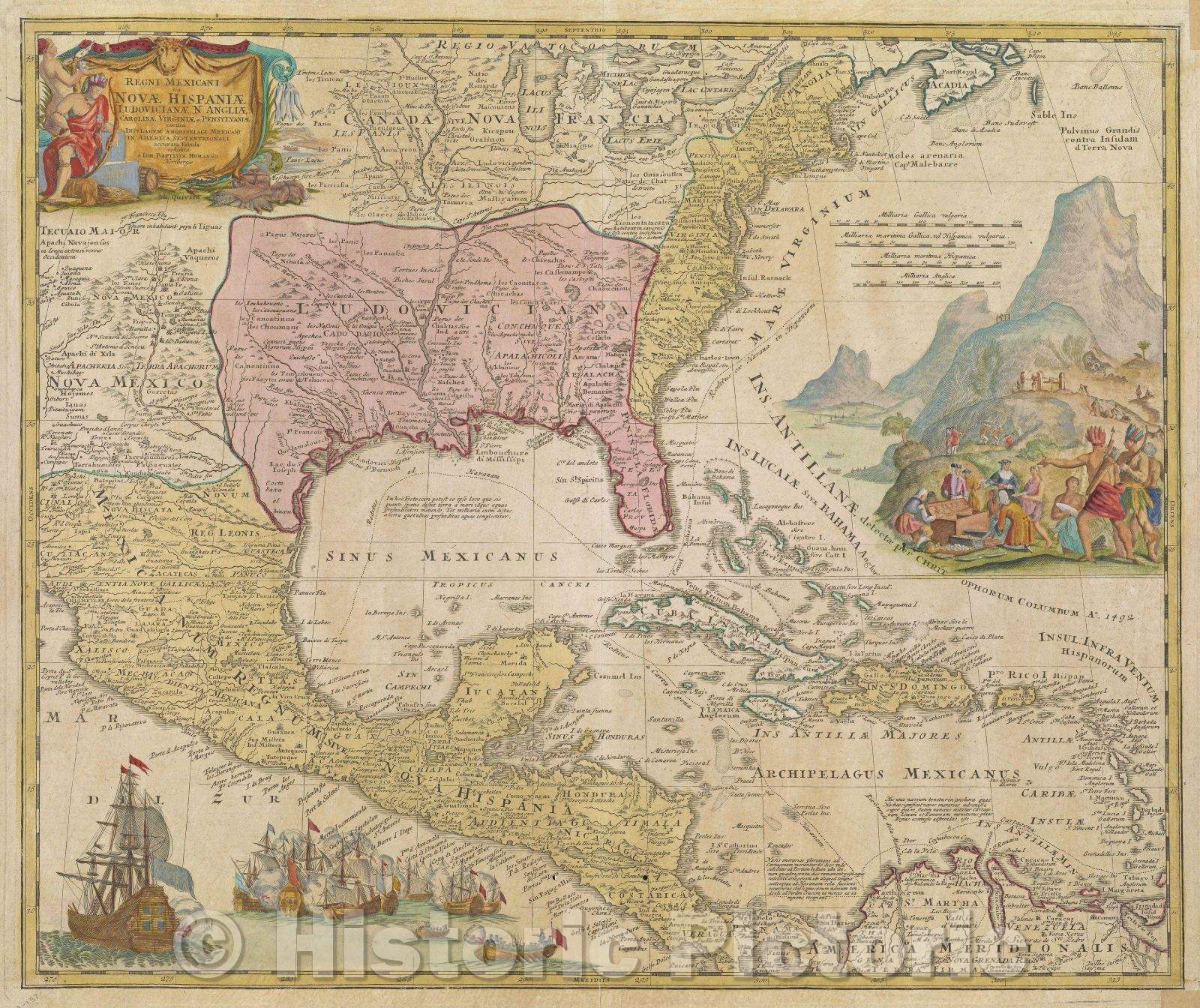 Historic Map : Regni Mexicani seu Novae Hispaniae Ludovicianae N. Angliae, Carolinae, Virgini'ae et Pensylvaniae nec non Insularum Archipelagi Mexicani in America, 1730 , Vintage Wall Art
