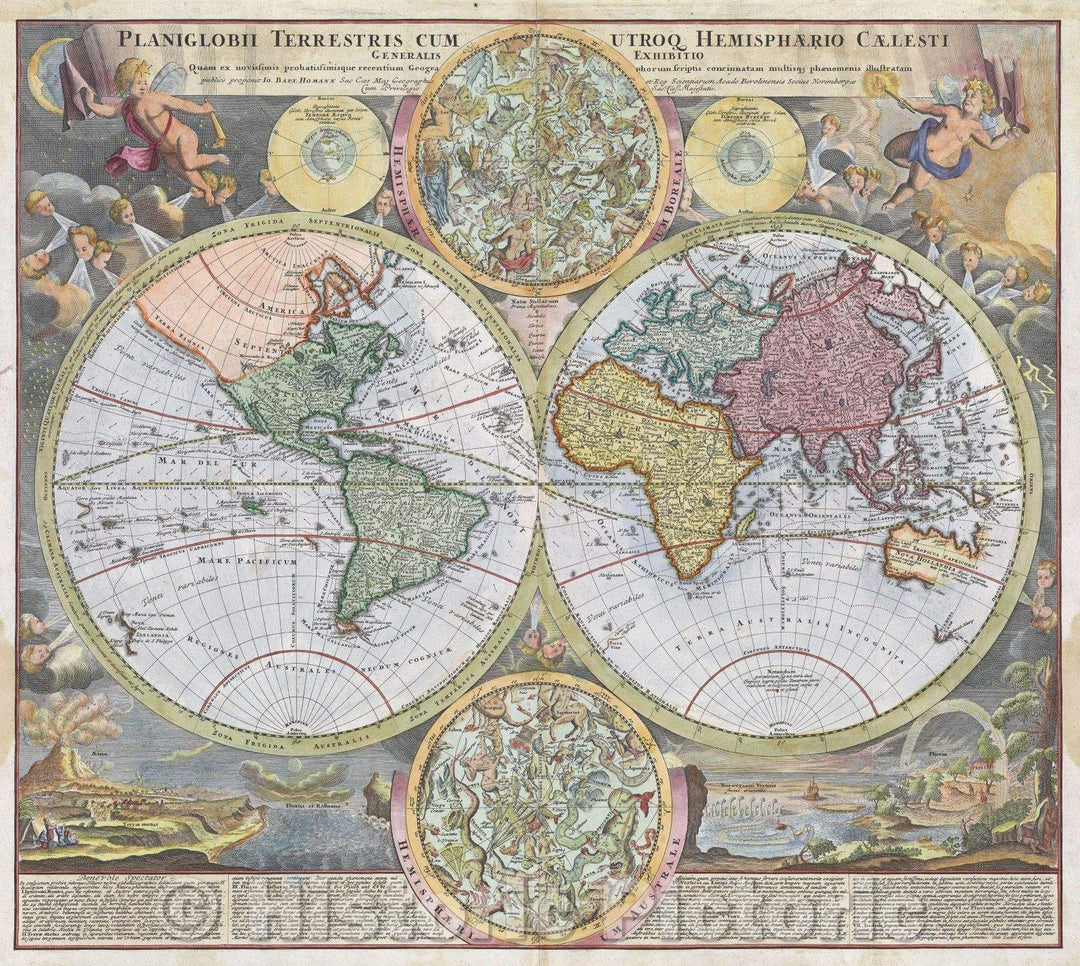 Historic Map : Planiglobii Terrestris cum utroq Hemisphaerio Caelesti Generalis Exhibitio : quam ex novissimis probatissinnisque recentium geographorum scriptis, 1730 , Vintage Wall Art