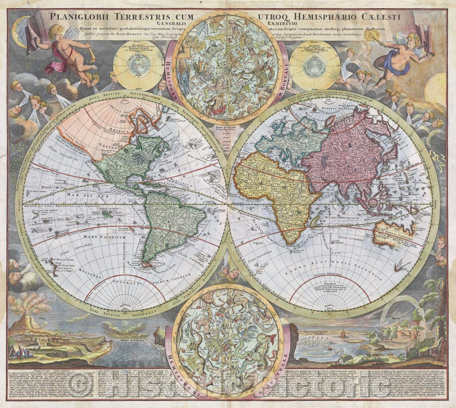 Historic Map : Planiglobii Terrestris cum utroq Hemisphaerio Caelesti Generalis Exhibitio : quam ex novissimis probatissinnisque recentium geographorum scriptis, 1730 , Vintage Wall Art