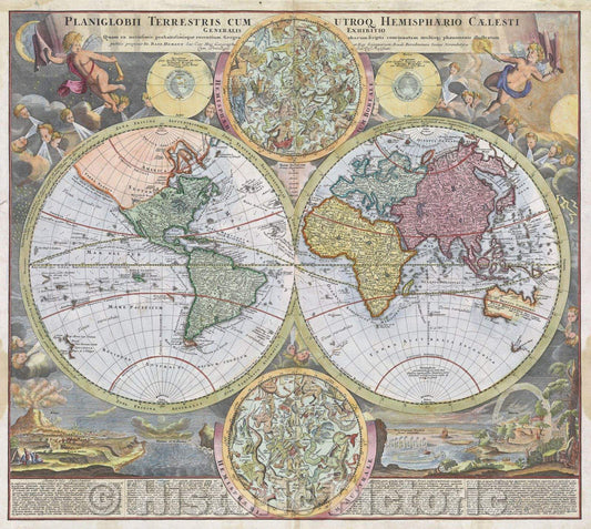 Historic Map : Planiglobii Terrestris cum utroq Hemisphaerio Caelesti Generalis Exhibitio : quam ex novissimis probatissinnisque recentium geographorum scriptis, 1730 , Vintage Wall Art