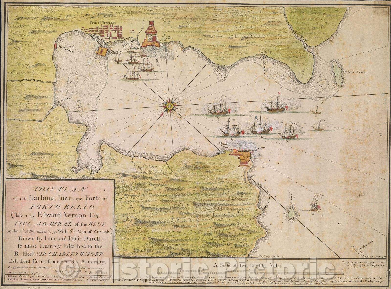 Historic Map : This Plan of the Harbour, Town, and Forts of Porto Bello (taken by Edward Vernon, 1740 , Vintage Wall Art