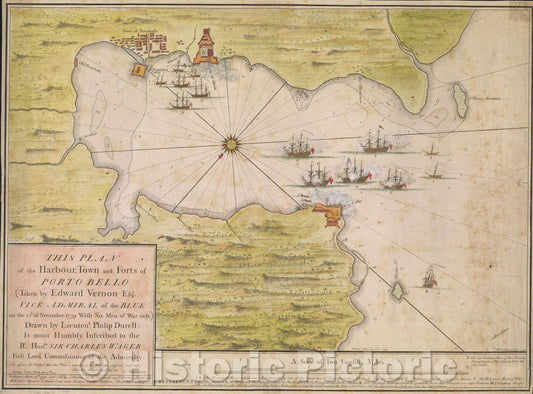 Historic Map : This Plan of the Harbour, Town, and Forts of Porto Bello (taken by Edward Vernon, 1740 , Vintage Wall Art
