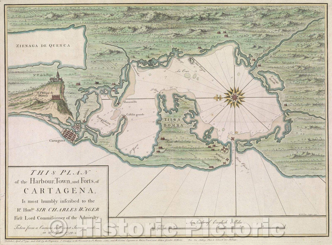 Historic Map : This Plan of the Harbour, Town, and Forts of Cartagena is most humbly inscribed to the Rt. Honble. Sir Charles Wager, 1740 , Vintage Wall Art