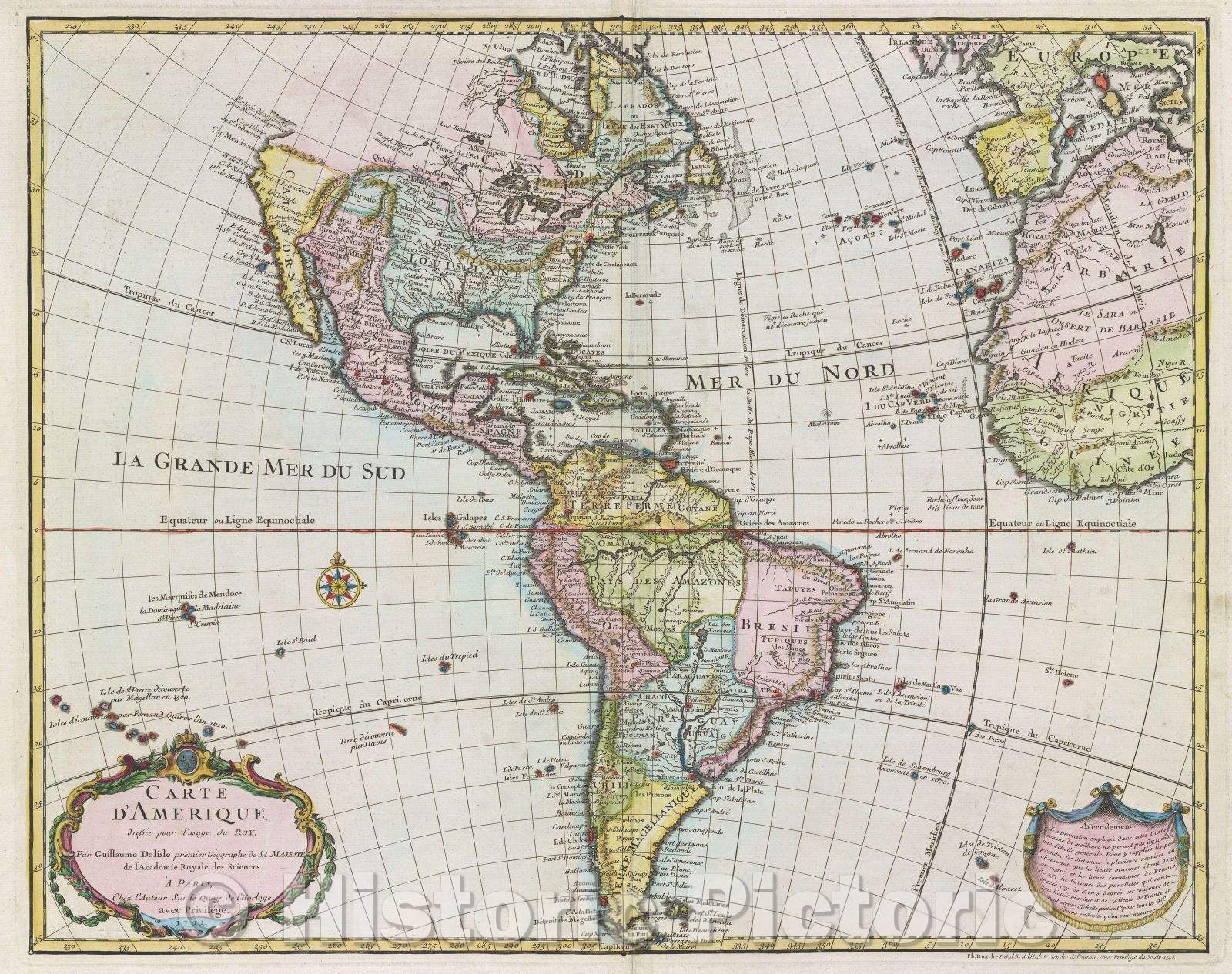 Historic Map : Carte d'Amerique Dressee pour l'Usage du Roy. Par Guillaume Delisle Premier Geographe, 1745 , Vintage Wall Art