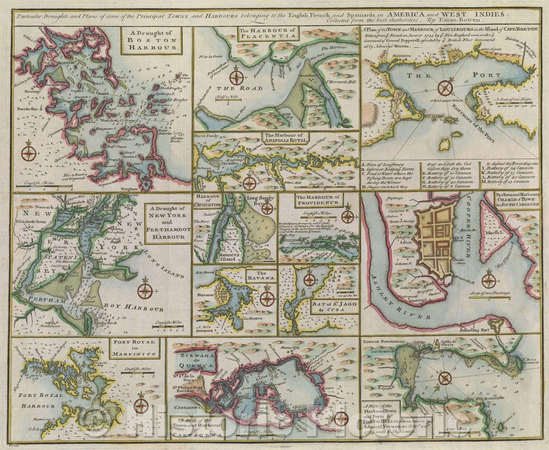 Historic Map : Particular Draughts and Plans of some of the Principal Towns and Harbours belonging to the English, French, and Spaniards, in America and West Indies., 1747 , Vintage Wall Art