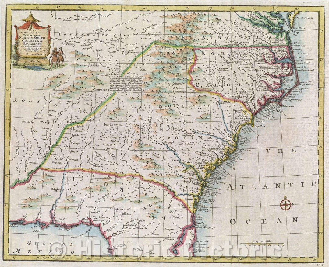 Historic Map : A New and Accurate Map of the Provinces of North and South Carolina, Georgia andc. Drawn from the late Surveys and regulated by Astron.l Observat, 1747 , Vintage Wall Art