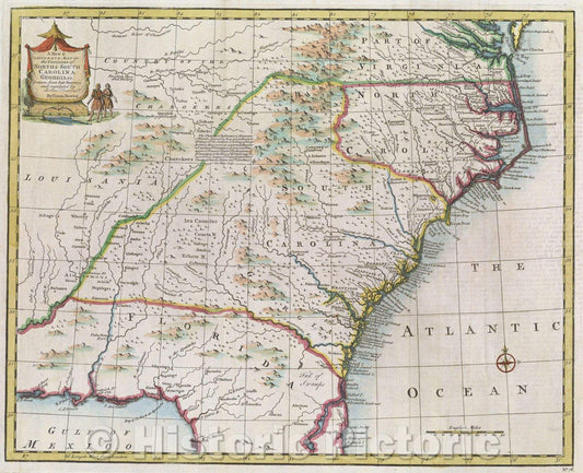 Historic Map : A New and Accurate Map of the Provinces of North and South Carolina, Georgia andc. Drawn from the late Surveys and regulated by Astron.l Observat, 1747 , Vintage Wall Art