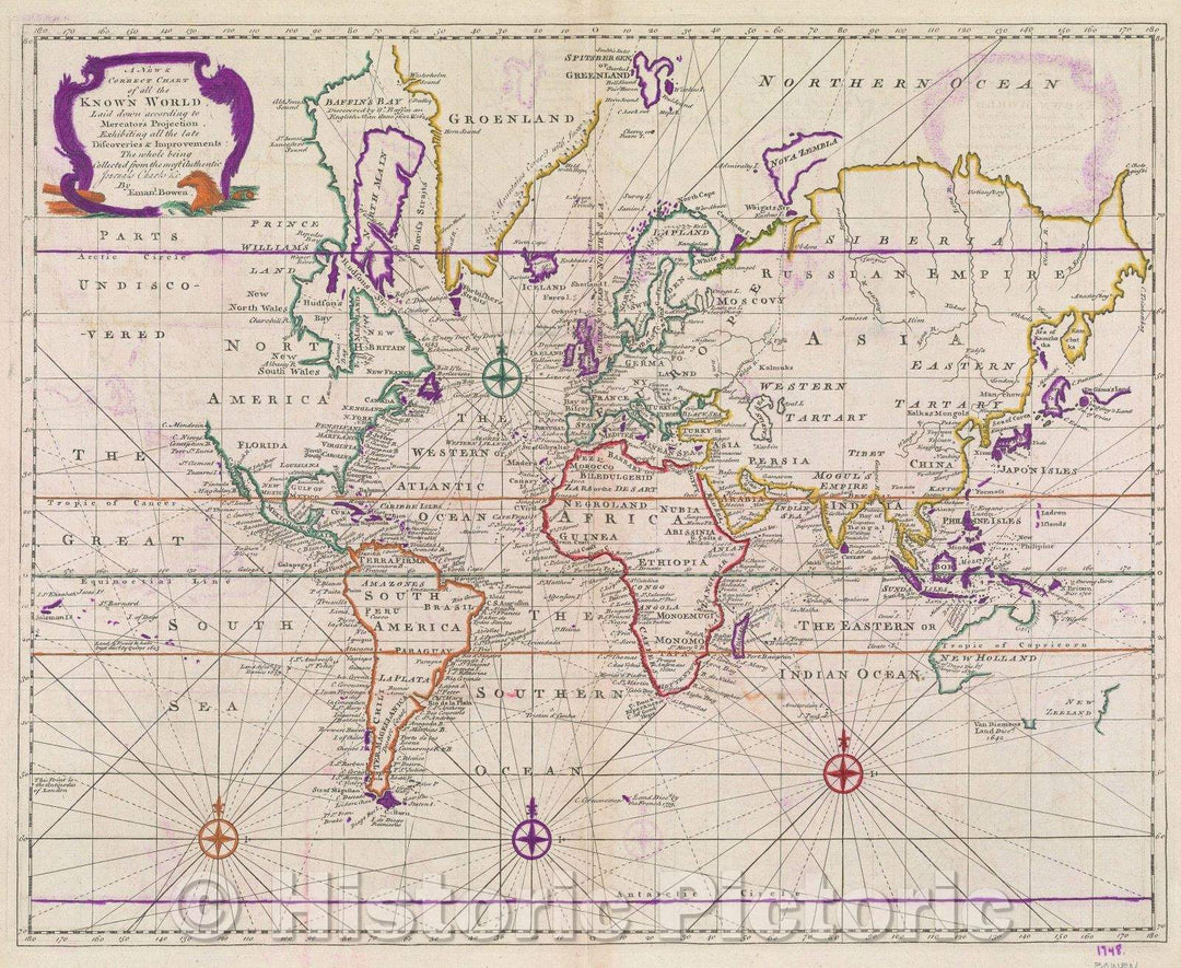 Historic Map : A New and Correct Chart of all the Known World Laid down according to Mercator's Projection. Exhibiting all the late Discoveries and Improvements:, 1748 , Vintage Wall Art