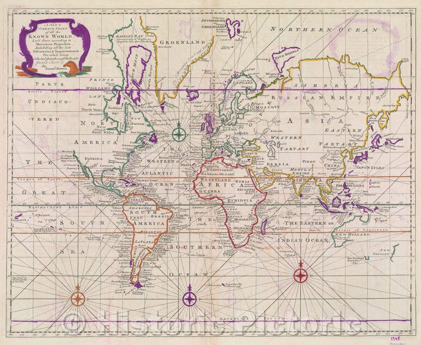Historic Map : A New and Correct Chart of all the Known World Laid down according to Mercator's Projection. Exhibiting all the late Discoveries and Improvements:, 1748 , Vintage Wall Art