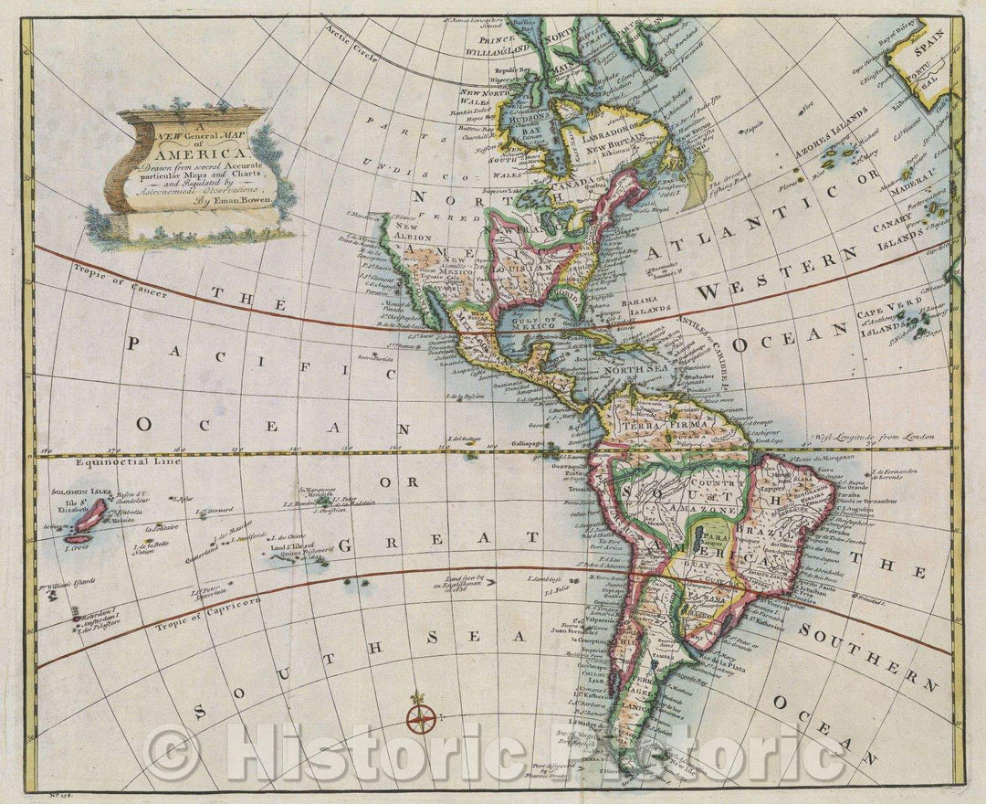 Historic Map : A New General Map of America Drawn from several Accurate particular Maps and Charts and Regulated by Astronomical Observations, by Eman. Bowen., 1752 , Vintage Wall Art