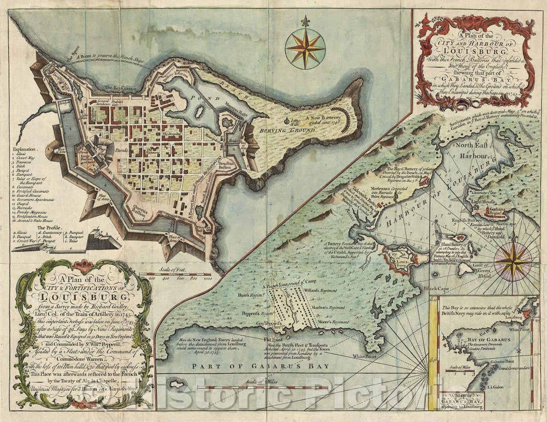 Historic Map : A Plan of the City and Harbour of Louisburg, with the French Batteries that defended it and Those of the English shewing that part of Gabarus Bay, c. 1757 , Vintage Wall Art , v2