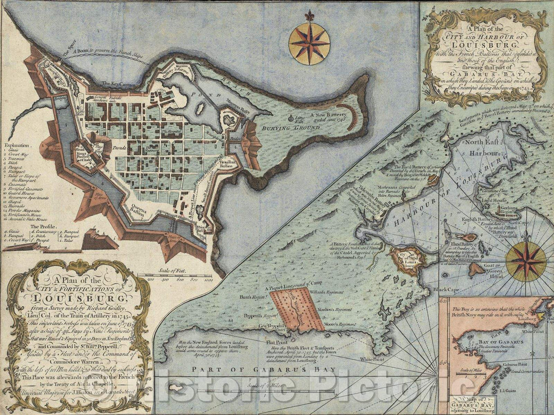 Historic Map : A Plan of the City and Harbour of Louisburg, with the French Batteries that defended it and Those of the English shewing that part of Gabarus Bay, c. 1757 , Vintage Wall Art