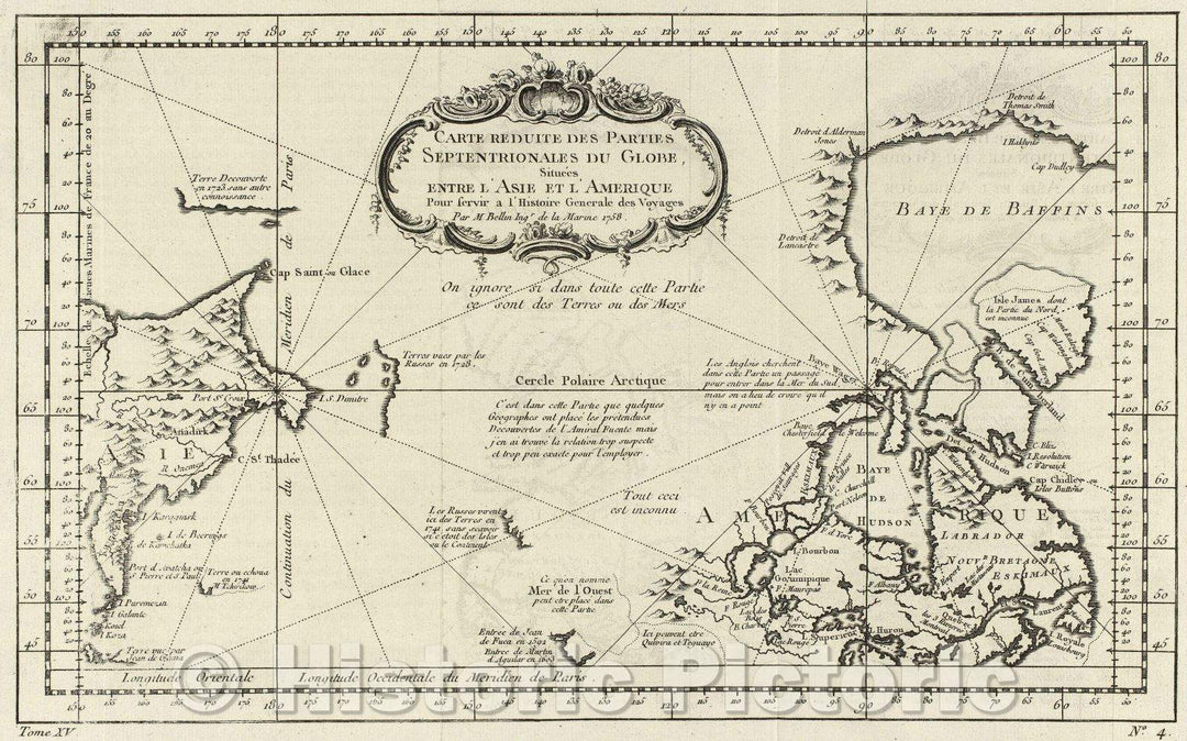 Historic Map : Carte reduite des parties septentrionales du globe, situees entre l'Asie et l'Amerique pour servir a L'Histoire Generale des Voyages, 1758 , Vintage Wall Art