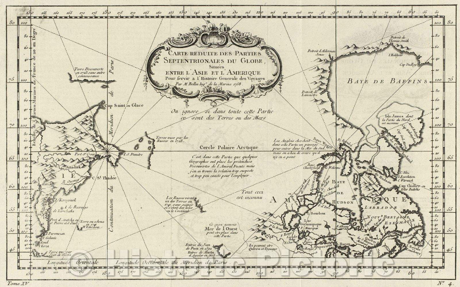 Historic Map : Carte reduite des parties septentrionales du globe, situees entre l'Asie et l'Amerique pour servir a L'Histoire Generale des Voyages, 1758 , Vintage Wall Art
