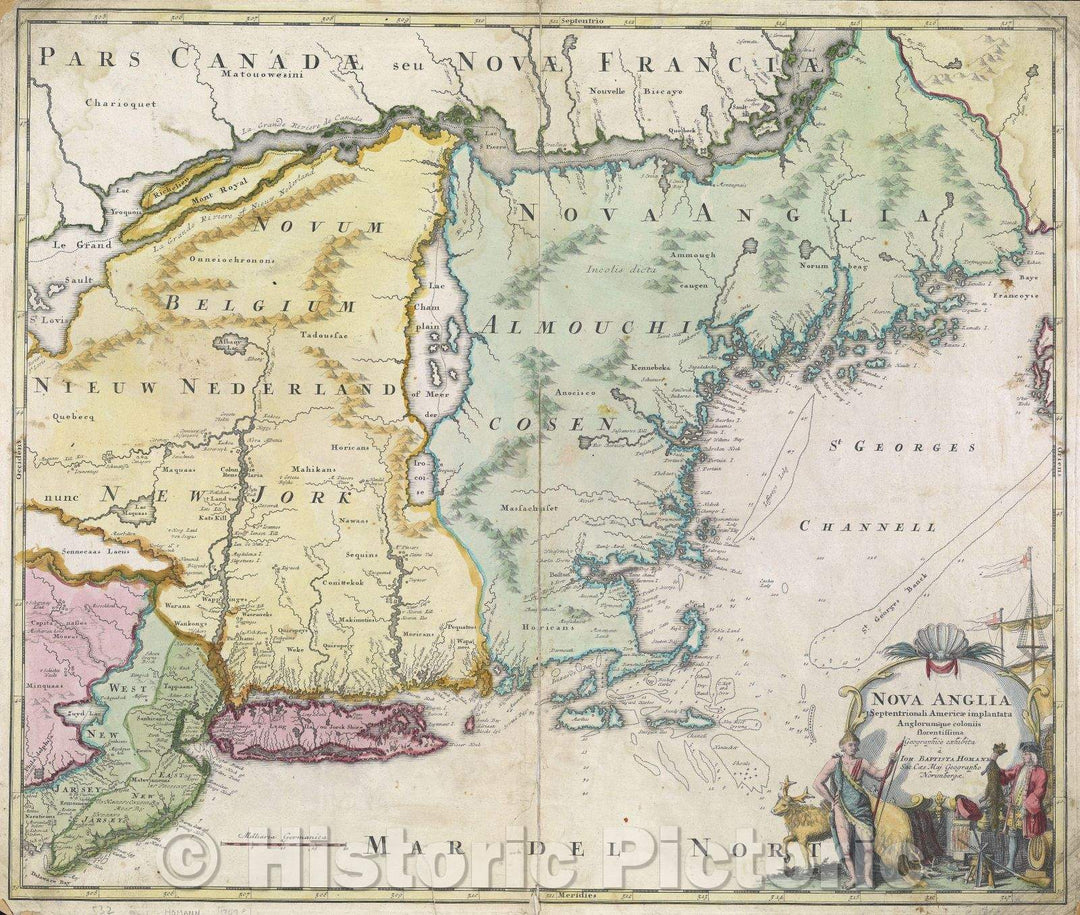 Historic Map : Nova Anglia Septentrionali Americae implantata Anglorumque coloniis florentissima Geographice exhibita a Ioh. Baptista Homann, 1759 , Vintage Wall Art
