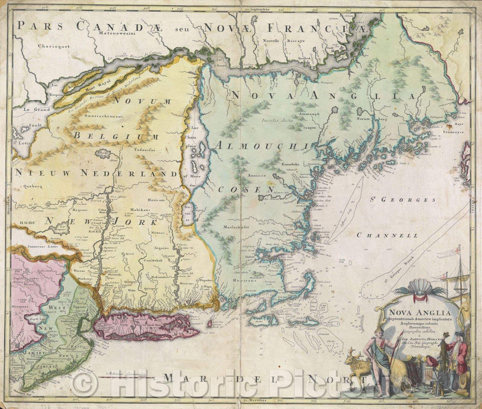 Historic Map : Nova Anglia Septentrionali Americae implantata Anglorumque coloniis florentissima Geographice exhibita a Ioh. Baptista Homann, 1759 , Vintage Wall Art