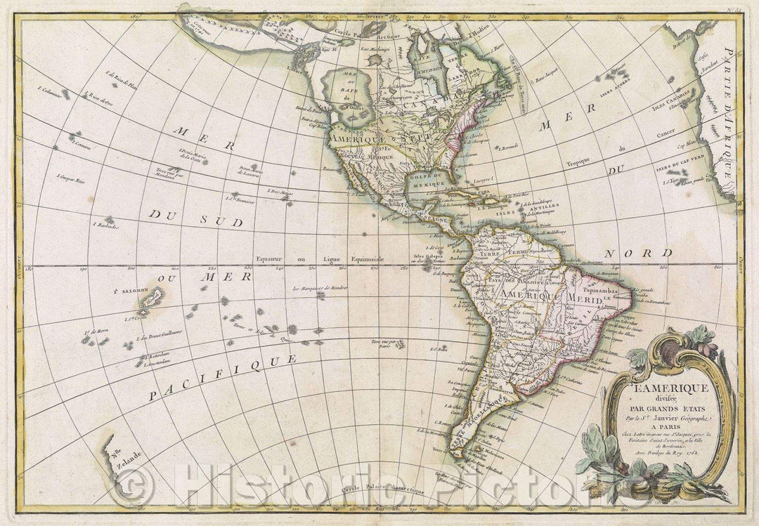 Historic Map : L'Amerique divise?e par Grands Etats par le Sr. Janvier Ge?ographe, 1762 , Vintage Wall Art