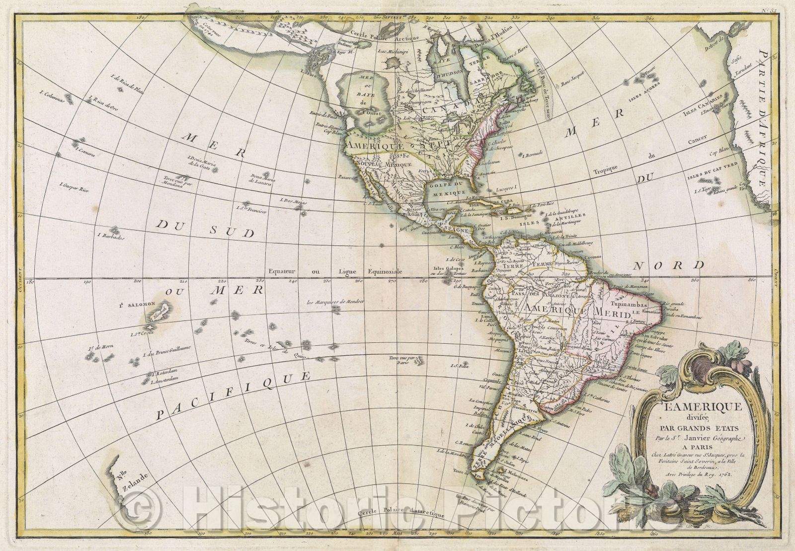 Historic Map : L'Amerique divise?e par Grands Etats par le Sr. Janvier Ge?ographe, 1762 , Vintage Wall Art