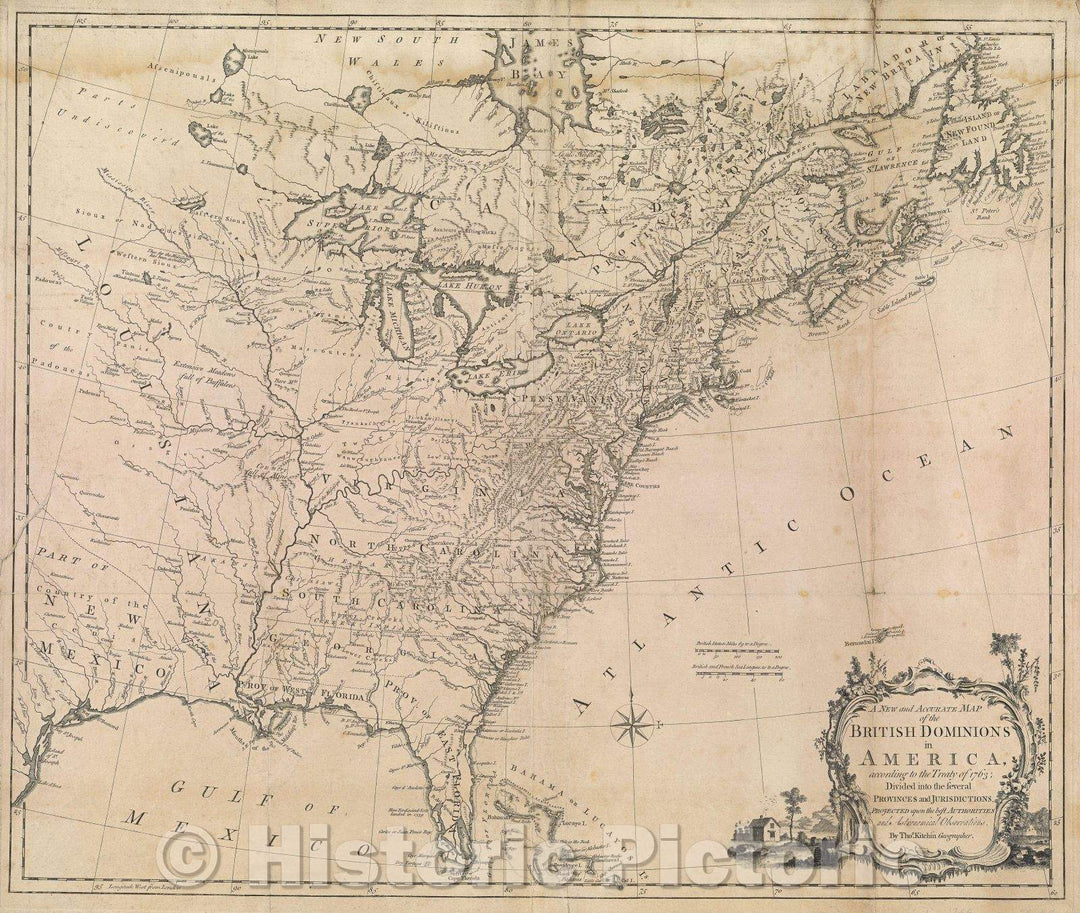 Historic Map : A New and Accurate Map of the British Dominions in America, according to the Treaty of 1763 Divided into the several Provinces and Jurisdictions, 1763 , Vintage Wall Art