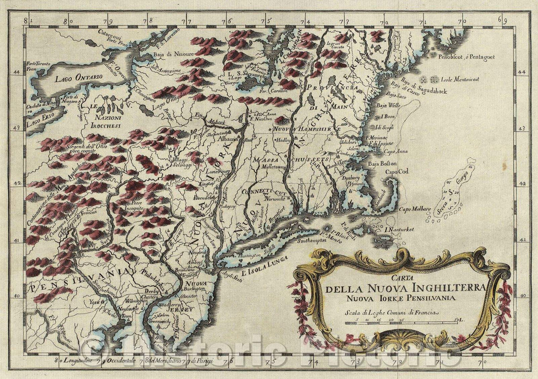 Historic Map : Carta della Nuova Inghilterra, Nuova Iork, e Pensilvania, 1763 , Vintage Wall Art