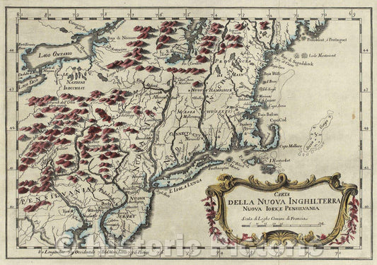 Historic Map : Carta della Nuova Inghilterra, Nuova Iork, e Pensilvania, 1763 , Vintage Wall Art
