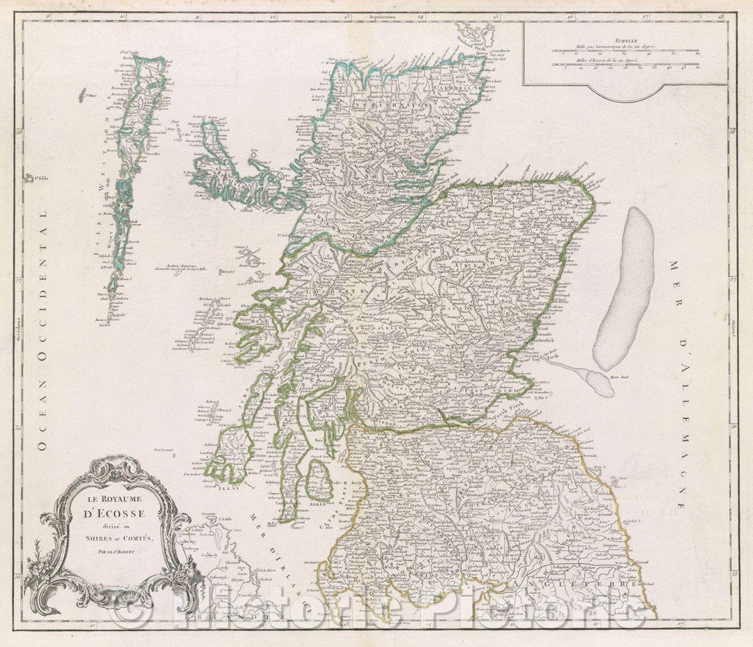 Historic Map : Le Royaume d'Ecosse  divise en Shires ou Comtes Par le Sr. Robert, 1768 , Vintage Wall Art