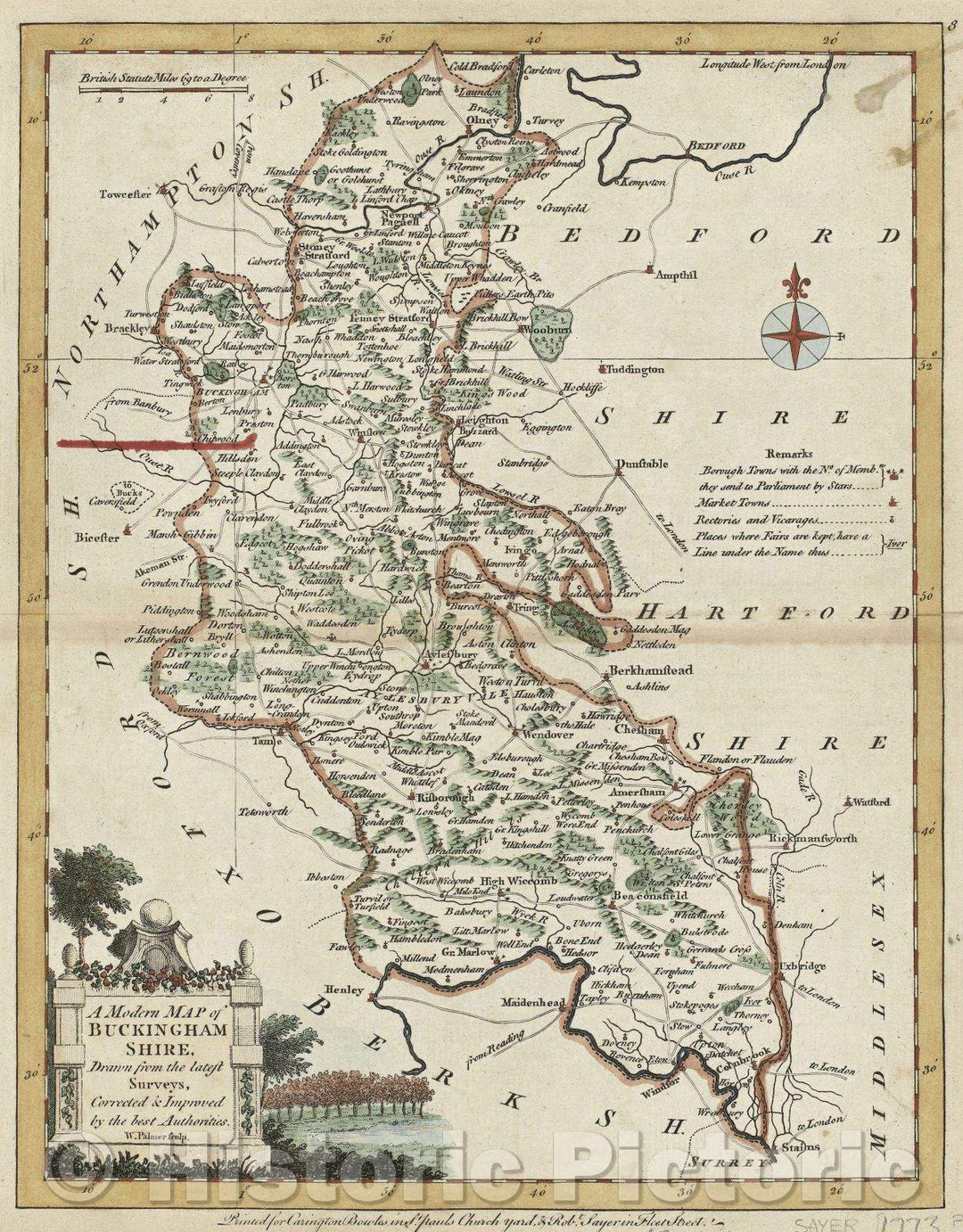 Historic Map : A Modern Map of Buckinghamshire, Drawn from the latest Surveys, Corrected and Improved by the best Authorities. W. Palmer Sculp., 1773 , Vintage Wall Art