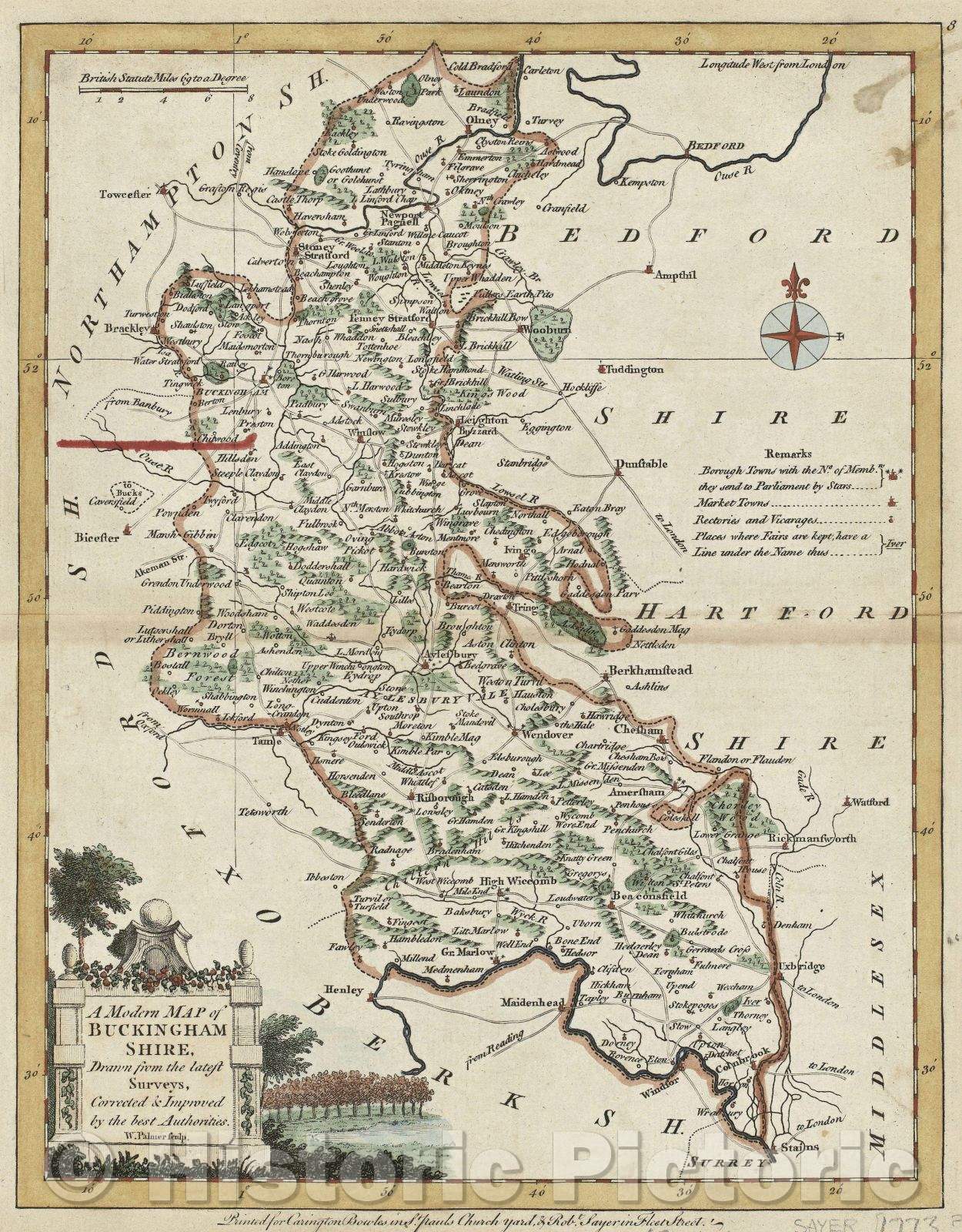 Historic Map : A Modern Map of Buckinghamshire, Drawn from the latest Surveys, Corrected and Improved by the best Authorities. W. Palmer Sculp., 1773 , Vintage Wall Art