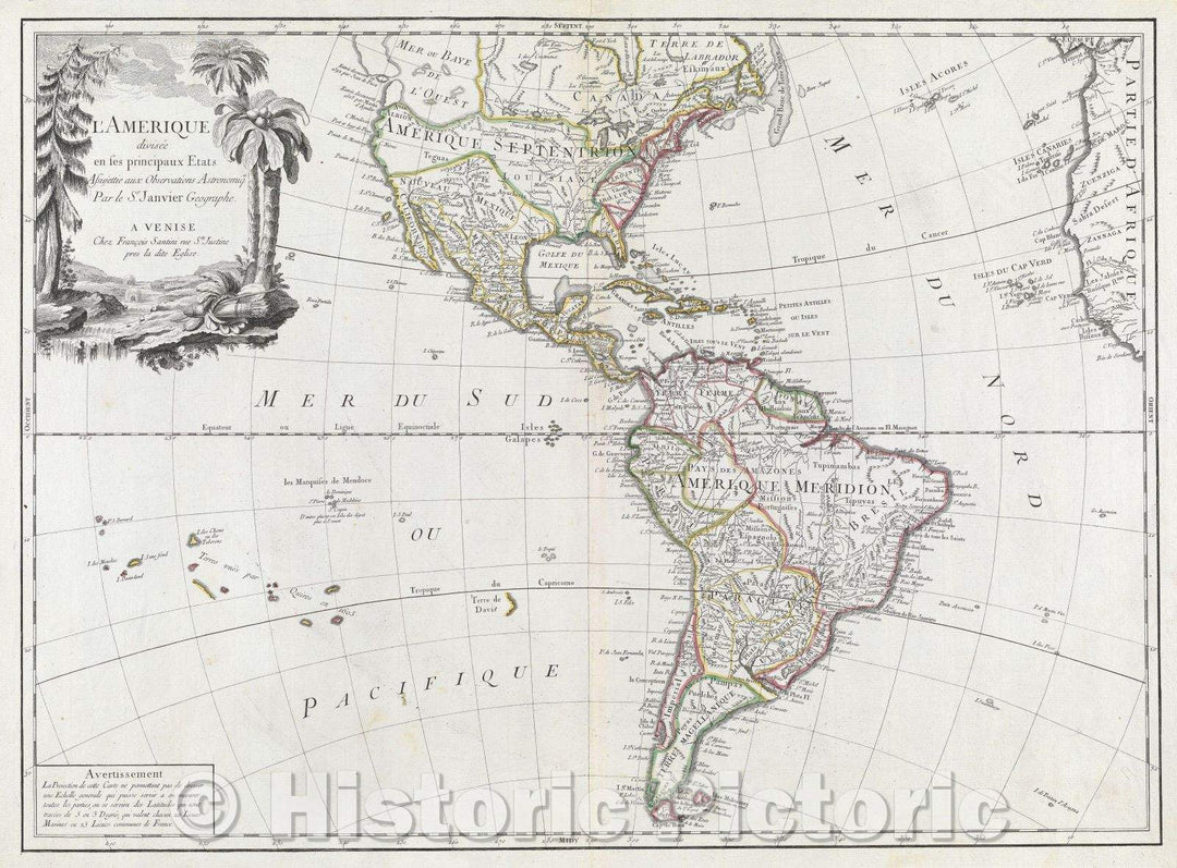 Historic Map : L'Amerique divise?e en ses principaux Etats assujettie aux Observations Astronomiques par le Sr. Janvier Geographe  A Venis, c. 1769 , Vintage Wall Art