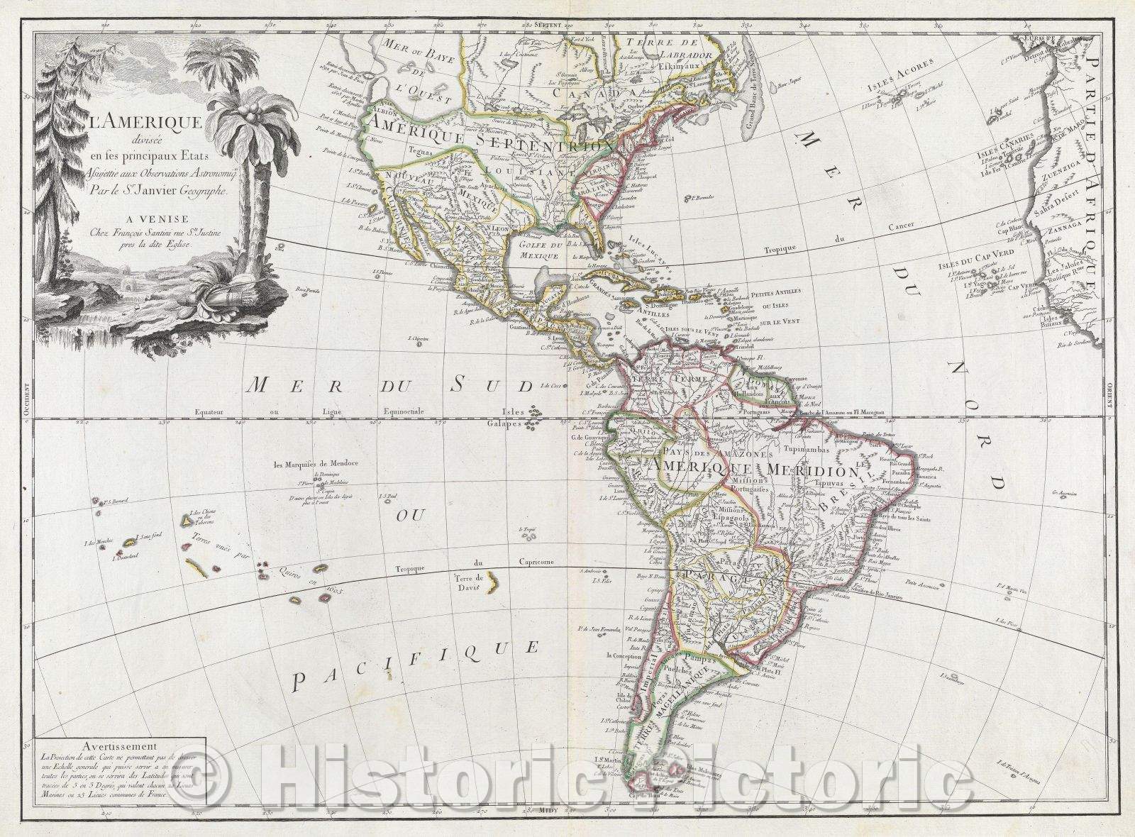 Historic Map : L'Amerique divise?e en ses principaux Etats assujettie aux Observations Astronomiques par le Sr. Janvier Geographe  A Venis, c. 1769 , Vintage Wall Art