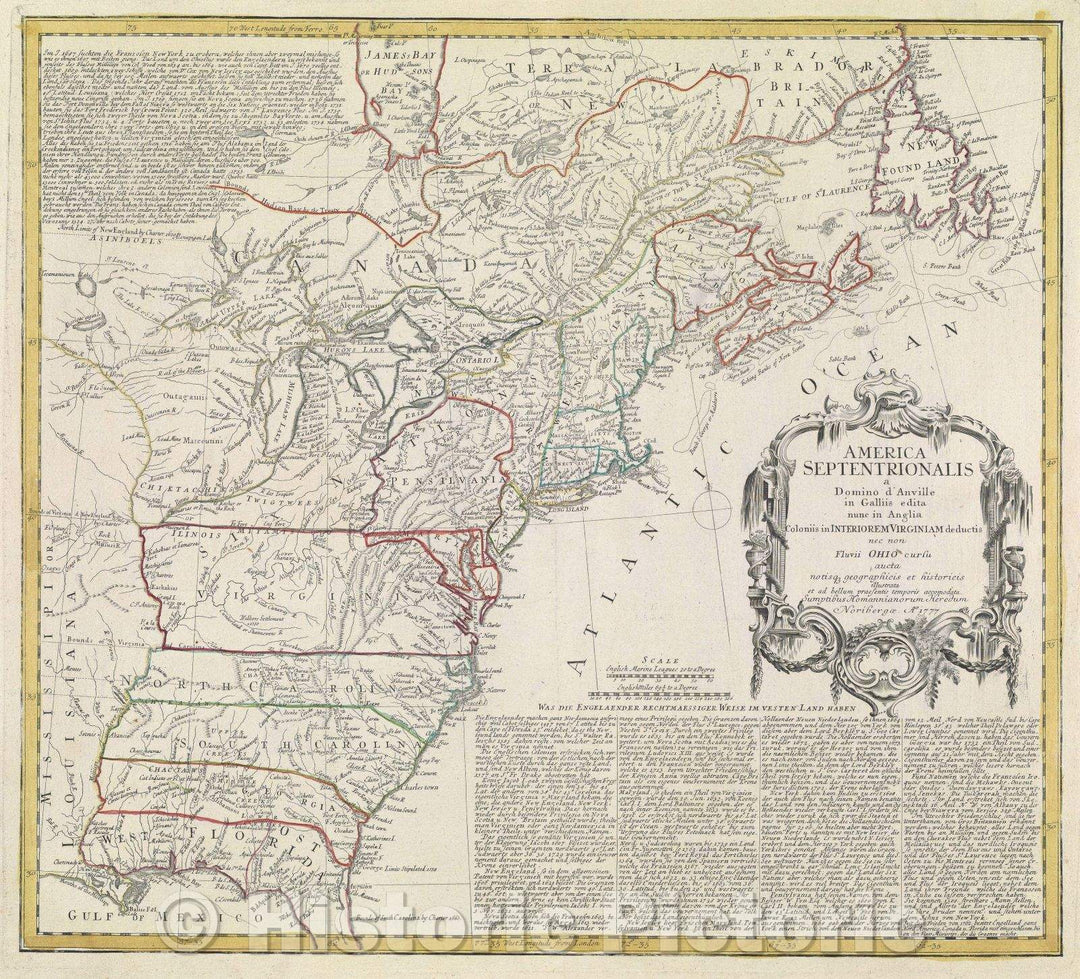 Historic Map : America Septentrionalis a Domino d'Anville in Galliis edita nunc in Anglia. Coloniis in interiorem Virginiam deductis nec non Fluvii Ohio cursu aucta, 1777 , Vintage Wall Art